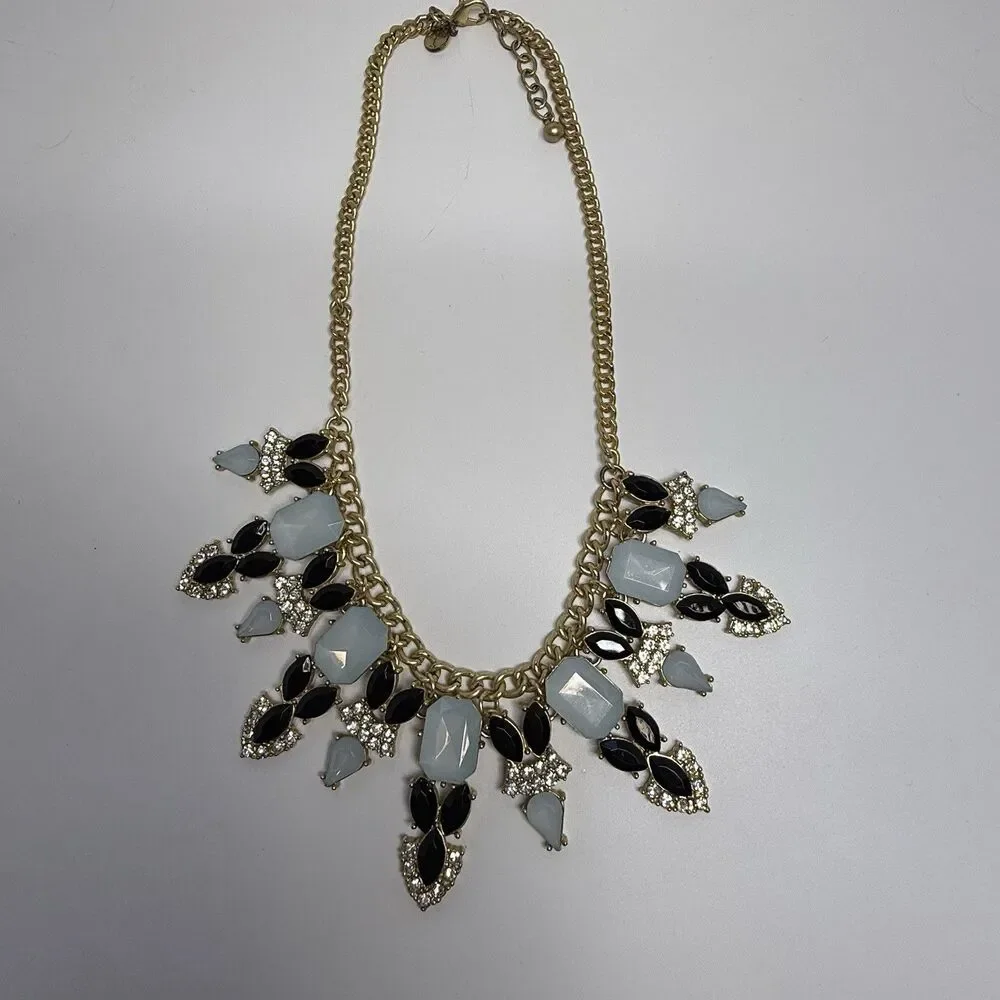 Talbots Blue And Black Rhinestone Gold Tone Chain Link Statement Necklace